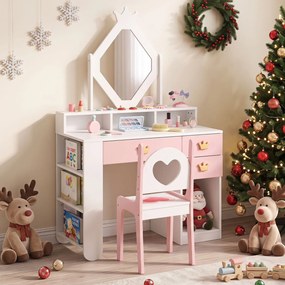 Conjunto de Toucador Infantil com Espelho e Cadeira, 80 x 40 x 130 cm, Espaço de Arrumação Ajustável, Branco