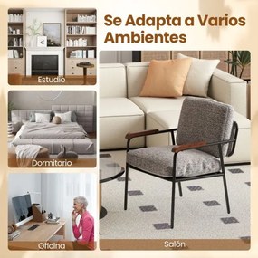 Poltrona com Almofada de Encosto Assento Acolchoado Apoio de Braços em Madeira Maciça de Borracha com Estrutura em Metal Cinza e Preto
