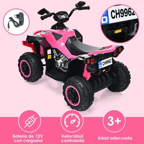 Moto 4 para crianças, bateria 12v, com velocidade ajustável, luzes led, pedal de música, 3-8 anos, 94x60x73 cm Rosa