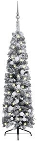 Árvore de Natal fina com luzes LED/bolas/neve 120 cm verde