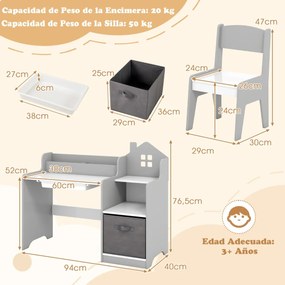 Conjunto de secretaria e cadeira de estudo para crianças com prateleiras abertas Gaveta e cesto de tecido Cinzenta