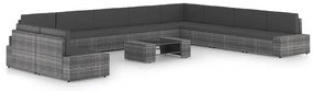 11 pcs conjunto lounge de jardim c/ almofadões vime PE cinzento