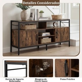 Móvel para TV até 65" com 2 armários e 4 prateleiras abertas, em madeira com pés de metal 147 x 35 x 63,5 cm Castanho rústico