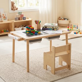 Conjunto de Mesa de Atividades Infantil com Cadeira, 86 x 55 x 51 cm, Multifuncional 6 em 1, Natural