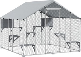 PawHut Gaiola Grande para Gatos Exterior com 2 Casinhas 7 Plataformas para Saltar Cobertura Impermeável e Anti-UV 240x193x195 cm Prata | Aosom Portugal