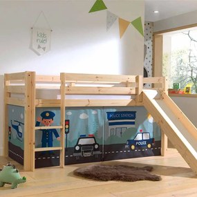 Cama alta de Criança PINO 90 x 200 cm + estrado + escada + escorrega + cortina Policia Natural