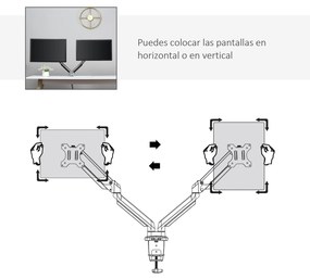 Vinsetto Suporte para Monitor Duplo para Telas LED LCD de 13"-32" Polegadas VESA 75/100mm com Braçadeira Ajustável Giratório 360° e 2 Opções de Montagem 93x11x47cm Prata