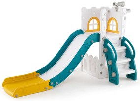 Escorrega infantil 6 em 1 para crianças com cesto de basquetebol e telescópio, com espaço de arrumação amarelo e verde