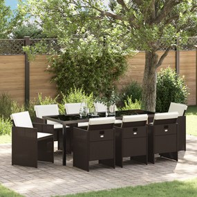 vidaXL Conjunto de Jantar de Jardim com Almofadas 9 Peças Rattan Poli Castanho