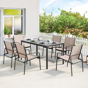 Conjunto de Mesa e Cadeiras de Jardim de 7 Peças com Mesa com Efeito Madeira e 6 Cadeiras com Assento Respirável Cáqui