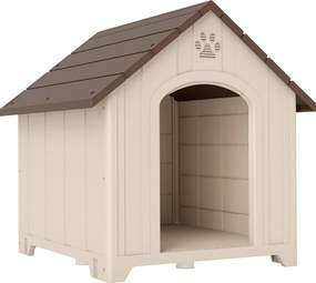 Casota para Cães de Exterior Casa para Cães Grandes de Plástico com 2 Janelas Base Elevada Estacas Bege