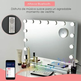 Espelho de maquilhagem com 2 altifalantes 15 luzes LED 3 cores de luz Espelho pequeno com ampliação de 10x Espelho cosmético Bluetooth Branco