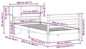 Cama com estante sem colchão 100x200 cm pinho maciço