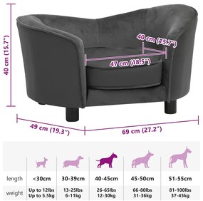 Sofá para cães 69x49x40cm pelúcia/couro artificial cinza-escuro
