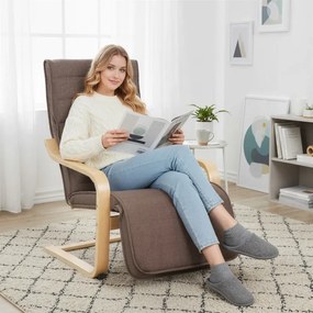 Poltrona Relax com Apoio para os Pés Ajustáveis Poltrona Estofada em Tecido com Estrutura de Madeira 66,5x94x100 cm Castanho