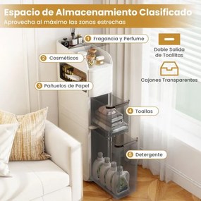 Armário de casa de banho em plástico com 4 prateleiras 43 x 18 x 88 cm, organizador de base estreita de 18 cm, com 2 gavetas e caixa para lenços, bran