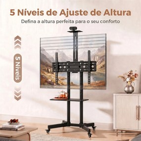 Suporte para TV com Rodas 32"-75" Altura Regulável Inclinação ±15° e 2 Prateleiras Preto