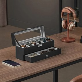 Caixa para relógios com 2 níveis 10 x 32,5 x 13,5 cm, revestimento em PU preto e forro interior cinzento