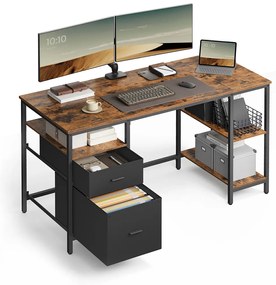 Secretária de computador 60 x 140 x 76 cm com 3 prateleiras e 2 gavetas Castanho Vintage-preto