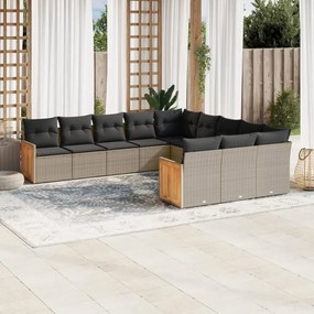 11 pcs conjunto sofás de jardim c/ almofadões vime PE cinzento