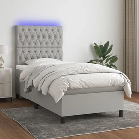 Cama box spring c/ colchão e LED 80x200 cm tecido cinza-claro