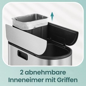 Caixote de lixo com 2 compartimentos 49 x 29 x 64 cm prateado