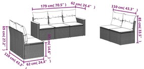 7 pcs conjunto sofás p/ jardim c/ almofadões vime PE cinzento