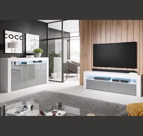 Aparador Alays – 155x37x91,5 cm – Branco e Cinzento Brilho – 3 Portas