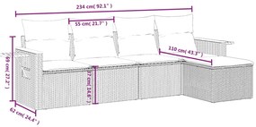 5 pcs conjunto sofás p/ jardim c/ almofadões vime PE cinzento