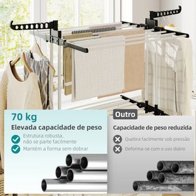 Estendal Dobrável para Roupa com Rodas Estendal Vertical de Aço com 3 Níveis Laterais Dobráveis 73x64x177cm Preto e Branco
