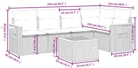 6 pcs conjunto de sofás p/ jardim com almofadões vime PE bege