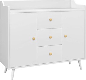Aparador Sala de Estar Moderno com 2 Portas 3 Gavetas e Pés de Madeira de Pinho 90x32x80 cm Branco