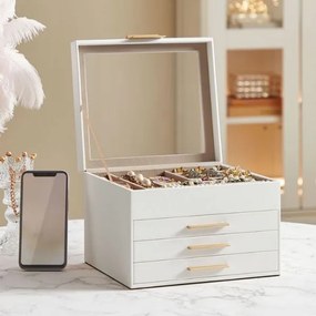 Caixa para joias de 4 níveis com tampa de vidro 20,3 x 23,1 x 16,5 cm Ideia para presente Branco-nuvem e dourado