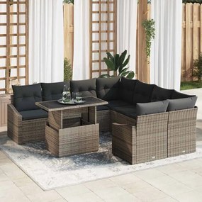 vidaXL Conjunto de Sofás de Jardim de 9 Peças com Almofadas Cinzas Poly Rattan
