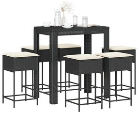 7 pcs conjunto de bar para jardim c/ almofadões vime PE preto