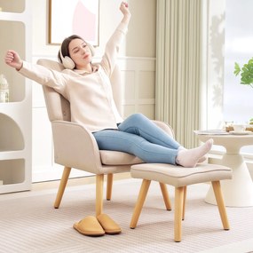 Poltrona com Apoio para Pés Poltrona de Leitura com Capitonê Pés de Madeira e Revestimento em Linho 70x72x94 cm Bege