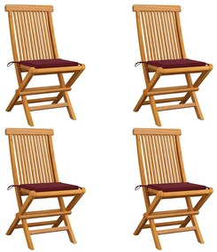 vidaXL Cadeiras jardim c/ almofadões vermelho tinto 4 pcs teca maciça