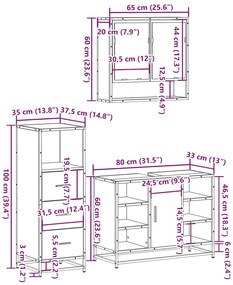 3 pcs Conjunto móveis casa de banho madeira proc. cinza sonoma
