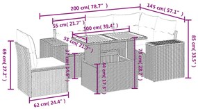 6 pcs conjunto de sofás p/ jardim com almofadões vime PE bege