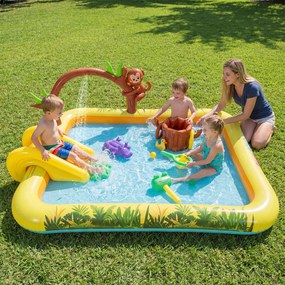 Piscina insuflável infantil 207 x 168 x 77 cm com escorrega e jato de água em forma de arco com animais, centro de jogos aquáticos para exterior Multi
