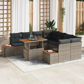 Conjunto de Jantar de Jardim com 9 Peças e Almofadas Cinza em Rattan S