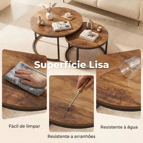 Conjunto de 2 Mesas de Centro Redondas Ninho Industriais com Estrutura Metálica para Sala ou Quarto Castanho
