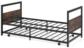 Cama de solteiro de metal 90 x 200 CM com cabeceira e estribo Pernas dobráveis Estrutura de cama com ripas de metal Castanho