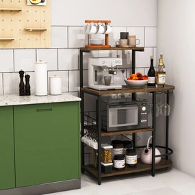 Armário de cozinha com 4 prateleiras Suporte para micro-ondas com 6 ganchos e porta-copos 90 x 41,5 x 124 cm Castanho
