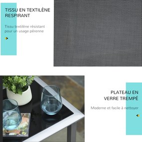 Conjunto de 2 espreguiçadeiras de design contemporâneo com mesa de centro com tampo em vidro temperado, metal com revestimento epóxi e textilene cinze
