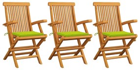 vidaXL Cadeiras jardim c/ almofadões verde brilhante 3 pcs teca maciça