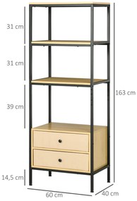 Estante de 4 Níveis com 2 Gavetas de Tecido não Tecido e Estrutura de Aço 60x40x163 cm Madeira e Preto