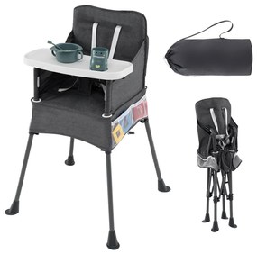 Cadeira refeições dobrável para bebé com tabuleiro ajustável e bolsa de transporte, cadeira infantil, cadeira para bebé cinza