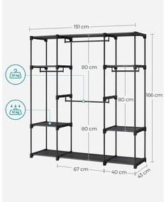 Guarda Roupa aberto com 4 compartimentos para pendurar 43 x 151 x 166 cm Preto