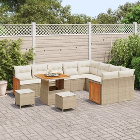 Conjunto de Sofá de Jardim vidaXL 12 Peças com Almofadas Bege Rattan Poliéster Acácia